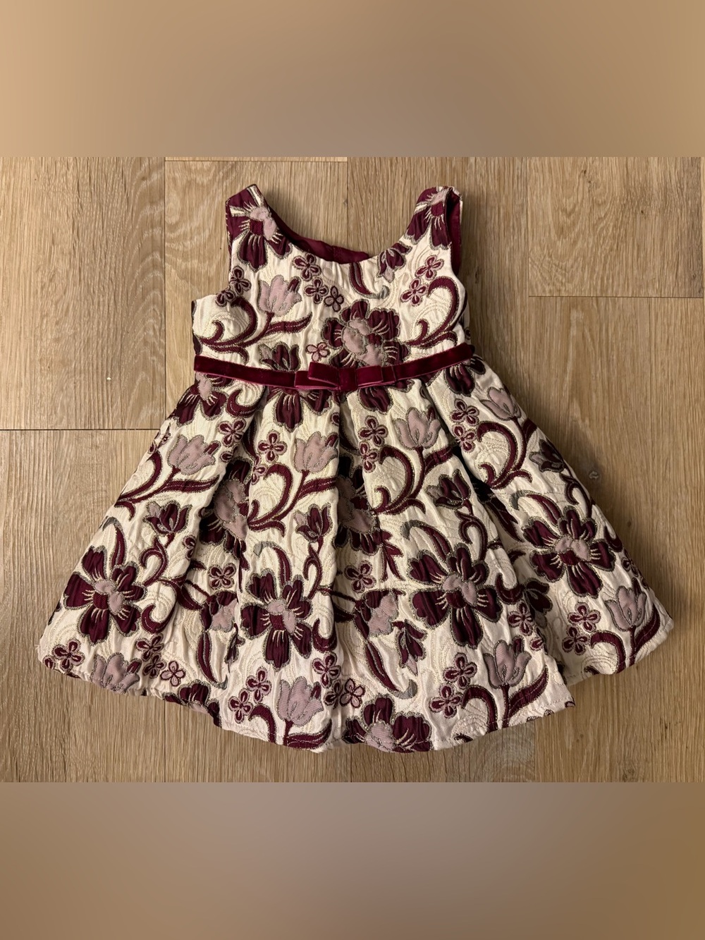 Sweet Heart Rose Girl's Size 18 Month Cream Dress with Burgundy Floral Embroide